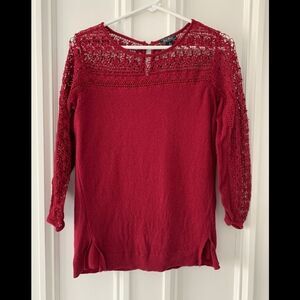 Red lucky brand crochet sleeve thermal lined top S
